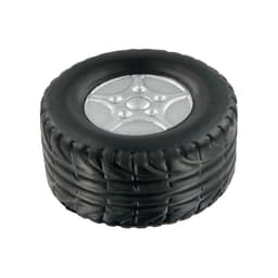 A black rubber stress reliever shaped like a tyre, with a silver wheel rim design on top.