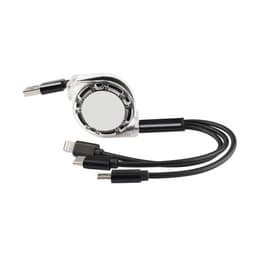 A retractable charging cable in black and silver with multiple connections: USB, Lightning, and USB-C.