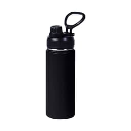 A drink bottle in black stainless steel with a double wall vacuum design and a carry handle. Features a logo on the body.