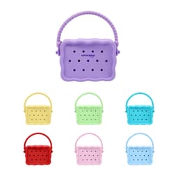 A collection of silicone bags in various colours, featuring a handle and multiple holes for ventilation.