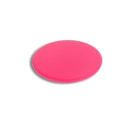 A pink yoga sliding disk with a smooth, circular design. It features a logo on its surface.