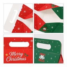 A foldable gift box in red and green with festive snowflake patterns, featuring a handle and branding on one side.