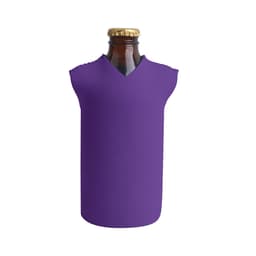 A drink bottle is shown wrapped in a vibrant purple bottle cooler with a V-neck design and a metallic cap.