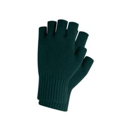 Green fingerless gloves made from a plain knitted material, featuring a ribbed cuff.