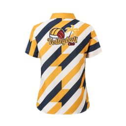 A button-up women's shirt in navy, yellow, and white with a volleyball design and a palm tree. It features a logo.