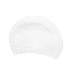 A white silicone swimming cap with a textured surface featuring cube grain patterns and a logo.