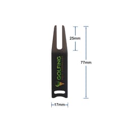 A black golf divot tool with a logo, measuring 77mm by 25mm. It has a forked end for repairing greens.