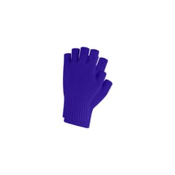 Purple fingerless gloves with a ribbed cuff and woven label, designed for kids.