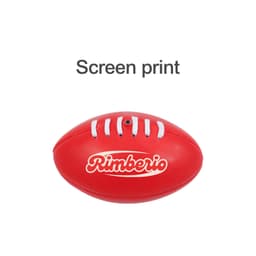 A mini promotional Aussie Rules ball in red, featuring white laces and a logo.