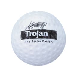 A white golf ball-shaped stress reliever with a logo printed on the surface, featuring classic dimples.