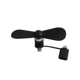 A black 2 in 1 smart phone fan with a USB connector and a compatible adapter.