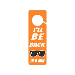 An orange acrylic door hanger with a circular cutout and a sunglasses graphic.