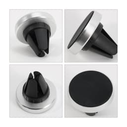 A clip-on car phone holder in black and silver, featuring a textured surface and air vent attachment design.