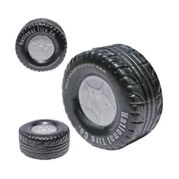 A black tire-shaped stress reliever with a grey centre, featuring a logo on the side.