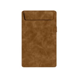 A brown A5 magnetic clipboard with a textured finish and a flap closure. It features a branding logo.