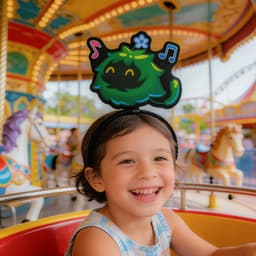 A custom felt headband featuring a playful green character with musical notes, worn by a smiling young girl.