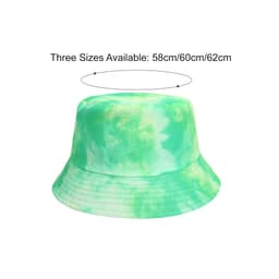 A tie-dye bucket hat featuring a blend of green colours. Available in three sizes: 58cm, 60cm, and 62cm.