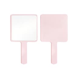 A handheld square mirror with a pink frame and handle, featuring a reflective surface on one side.