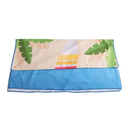 A microfibre beach towel measuring 80x160cm with a colourful surfboard and tropical leaf design.