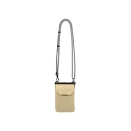 A minimalist crossbody phone bag in beige with a patterned strap and a flap closure. It features a logo.