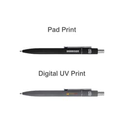 A black and grey NFC metal ballpoint pen with a logo, displayed with different print finishes above and below.