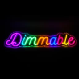 A brightly lit, multicoloured neon LED sign reading "Dimmable" in a curvy font. It features a glowing effect against a dark background.