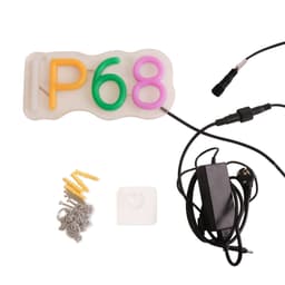 A waterproof IP68 neon LED sign in yellow, pink, and green with mounting hardware and a power supply.