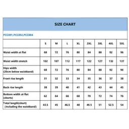 A size chart displaying measurements for sport shorts in various sizes, including waist and length dimensions.