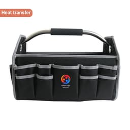 A black tool carrier bag with multiple pockets and a silver handle, featuring a logo on the front.