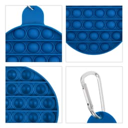 A round blue pop bubble board with multiple dimples and a carabiner attachment. It features a simple plastic design.