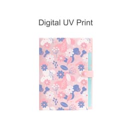 A4 expandable file folder with a floral design in pink, blue, and white, featuring a clasp closure and branding.