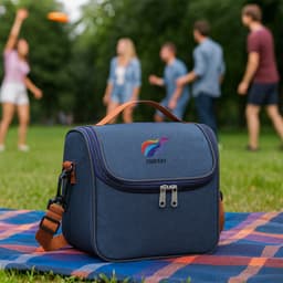A blue customizable lunch bag with a strap and a logo, sitting on a picnic blanket in a park.