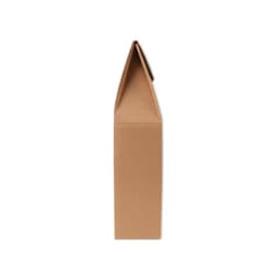 A portable wine box in a light brown colour, featuring a pointed top and a simple design. Contains branding.