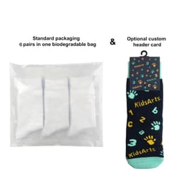 A biodegradable bag containing six pairs of colourful thermal socks for kids, featuring a custom pattern and branding.