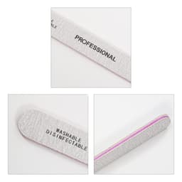 A straight shape nail file in grey with a pink edge, featuring a logo and text labels.