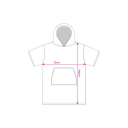 A hooded change towel featuring a front pocket, measuring 72cm wide and 105cm long, with a simple design outline.