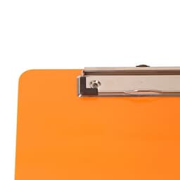 An orange clipboard featuring a silver clip at the top.