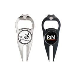 A golf divot tool with a ball marker and bottle opener, featuring silver and black designs and logos.