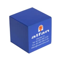 A blue cube-shaped stress reliever with a logo prominently displayed on one side.