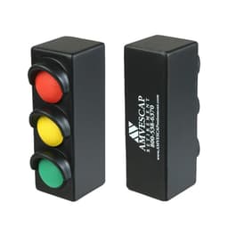 A traffic light shape stress reliever with red, yellow, and green buttons, featuring a logo on one side.