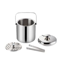 A stainless steel ice bucket with a lid, perforated insert, and tongs, featuring a sleek design.
