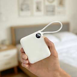 A white 10000mAh power bank with a charging cable and a digital display, held in a hand against a bedroom backdrop.