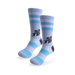 Merino wool socks in shades of blue and grey, featuring striped patterns and a logo. Suitable for casual wear.