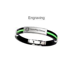 A bracelet featuring a black band, green accents, and a silver clasp with a logo.