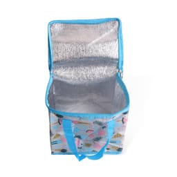 A polyester cooler bag in blue, featuring a colourful pattern and a silver insulated interior. It has a zip closure and handles.