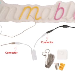 A collection of LED sign connectors in various colours, including yellow, pink, and white, with mounting accessories.