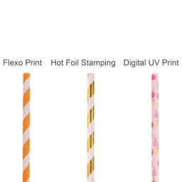 Three types of custom disposable 4-ply straight drinking paper straws in orange, gold, and pink floral designs. Each straw features distinct printing styles.