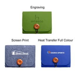 A green, grey, and blue felt essential oil bag with buttons and logos displayed on each.