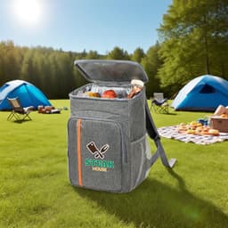 A grey cooler backpack with a front pocket, holding drinks and snacks, set in a camping scene among tents.