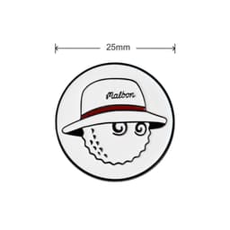 A 25mm golf ball marker featuring a whimsical design with a hat and golf ball face, in white and black with red accents.